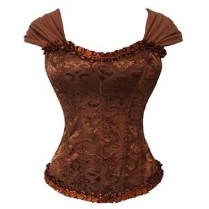 Brown bustier, vintage corset, brocade corset, ruffle trim, Baroque style, dance costume, Renaissance wear, lace-up back, theatrical corset, historical costume, metallic brocade, vintage performance wear, puffed sleeve corset, bridal corset, adjustable corset #N237868