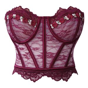 Burgundy Floral Lace Corset - Underbust Bustier with Front Lace-Up Ribbon & 6D Bloom Accents N237818