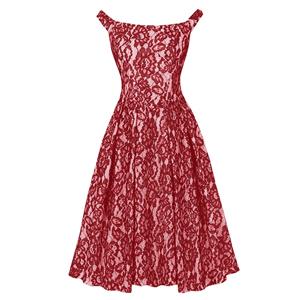 Burgundy Lace Retro Christmas Dress - Off-Shoulder A-Line Party Gown with Back Sash Tie N237830