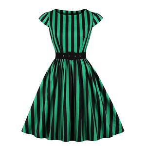 Vintage Cap Sleeve Stripes Midi Dress, Retro Stripes Ruffled Swing Dress, Classical Cap Sleeve Printed Midi Dress, Women