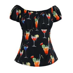 Cocktail Print Top, Short Sleeve Top, Slim Waist Top, Women