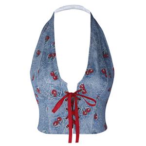 denim corset, cherry print, halter top, red lace-up, cropped top, summer fashion, festival wear, casual chic, feminine style, fruit pattern, denim bustier, lace-up front, trendy top, youth fashion, halter neckline #N23928