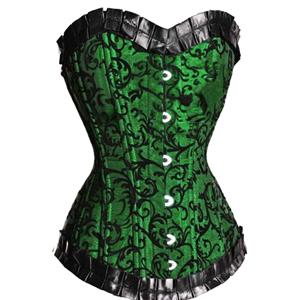 Classic Pattern Strapless Corset, Green Velvet Pattern Corset, Satin and Velvet Corset, #N5916