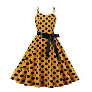 Yellow Print Black Wave Point Sleeveless High Waist Summer Party Swing Slip Dress N23017