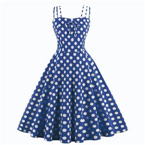 Vintage Dresses for Women, Sexy Dresses for Women Cocktail Party, Casual Vintage Polka Dot Printed Dress, Strappy Swing Daily Dress, Dark-blue Women
