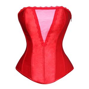 Deep-V Front Brocade Corset Red, Deep-V Front Corset, Red Deep-V Front Corset, Christmas Corset, #N5508