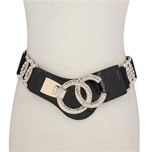 Rhinestone Wasit Belt, High Waist Cinch Belt, Alloy Buckle Elastic Wasit Belt, Wide Waist Cincher Belt Black, Elastic Wide Waistband Cinch Belt, Elastic Waist Cincher Belt for Women, #N18447