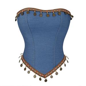 Denim Coin Embellished Bustier Corset with Back Zipper, Tribal Print Strapless Waist Cincher N23839