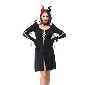 Devil Role Play Costume, Classical Adult Devil Halloween Costume, Horror Black Mini Dress set, Lovely Cosplay Set, Deluxe Demon Costume, Sexy Black Devil Lace-up Mini Dress Nightclub Party Masquerade Costume, #N23241.