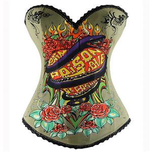 Cool Printed Rhinestone Corset, Devil Snake Print Corset Pea Green, Devil Snake Print Corset, #N4246