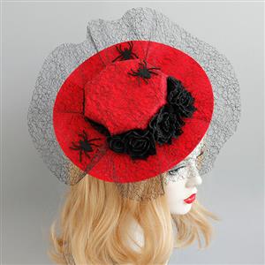 Charming Red Flower Hair Clip, Flower and Spider Net Hair Clip Hat, Fashion Beach Hat for Women, Elegant Flower and Spider Hair Clip, Casual Red Flower Hair Accessory, #J17323