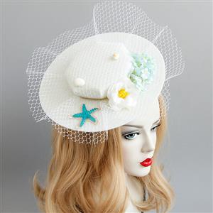 Charming White Flower Hair Clip, Flower Net Hair Clip Hat, Fashion Beach Hat for Women, Elegant Starfish Flower Hair Clip, Casual White Flower Hair Accessory, #J17269