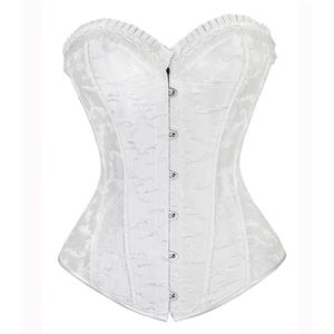 Vintage Embroidered Boning Corset, Vintage Floral Embroidered Corset, White Ruffle Hem Corset, #N8481