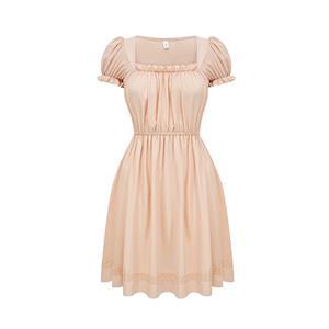 square neck dress, ruffle sleeve dress, A-line mini dress, elastic waist dress, beige summer dress, gathered bodice dress, short sleeve mini dress, elegant casual dress, flowy mid-thigh dress, soft feminine dress #N23778