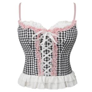 Vintage Corset Top, Gingham Blouse, Lace Trim Top, Women