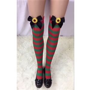 Cute Christmas Stockings, Sexy Thigh Highs Stockings, Red and Green Stripes Cosplay Stockings, Anime Thigh High Stockings, Christmas Red and Green Stripes Stockings, Stretchy Nightclub Knee Stockings, #HG18551