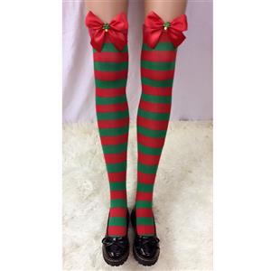 Cute Christmas Stockings, Sexy Thigh Highs Stockings, Red and Green Stripes Cosplay Stockings, Anime Thigh High Stockings, Christmas Red and Green Stripes Stockings, Stretchy Nightclub Knee Stockings, #HG18554