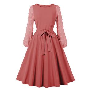 Fashion Round Neck Solid Color Long Puff Sleeve High Waist Cocktail Party A-line Dress N21620