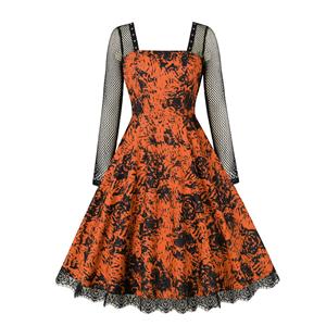 Fashion Party Cosplay Dress, Fashion Casual Lady Dress, Fashion Midi Dresses for Women, Long Sleeve Midi Dress, Square Collar Halloween Midi Dress, Fashion Orange Black Rose Square Collar Long Sleeve High Waist A-line Midi Dress#N23132