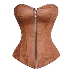 Fashion Brown Overbust Corset, Cheap Zipper Corset, Punk Corset, Faux Leather Overbust Corset, #N10325