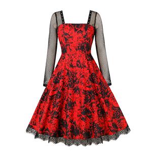 Fashion Party Cosplay Dress, Fashion Casual Lady Dress, Fashion Midi Dresses for Women, Long Sleeve Midi Dress, Square Collar Halloween Midi Dress, Fashion Red Black Rose Square Collar Long Sleeve High Waist A-line Midi Dress,#N23130