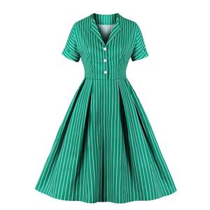 Sexy A-line Dress,Plus Size Spring Dress,Vintage Dresses for Women,High Waist Dresses for Women,Stand-up Collar Dress for Women, Daily Striped Dress,High Waist Midi Swing Dress, #N20946