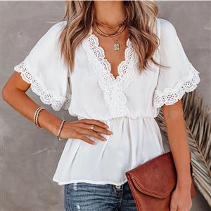 Fashion V Neck Casual Blouse,Casual Short Sleeve Blouse, Mid-length Blouses,Women Casual Blouse,Sexy Women