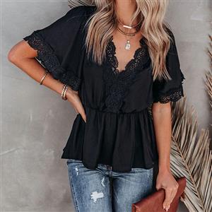 Fashion V Neck Casual Blouse,Casual Short Sleeve Blouse, Mid-length Blouses,Women Casual Blouse,Sexy Women