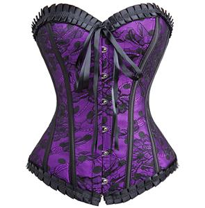 Floral Lace Corset, Polka Dot Purple Corsets, Strapless Ruffle Trim Corsets, #N8726