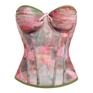 strapless corset, floral bodysuit, mesh lingerie, adjustable back, waist training, sheer mesh, romantic lingerie, lace-up corset, feminine shapewear, boned bodysuit, green piping, floral print, women