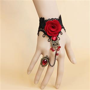 Gothic Bracelet, Gothic Red Rose Gem Bracelet, Cheap Wristband, Gothic Black Bracelet, Victorian Black Lace Bracelet, Retro Black Wristband, Bracelet with Ring, #J18109