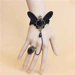 Gothic Bracelet, Gothic Butterfly Rose Bracelet, Cheap Wristband, Gothic Black Bracelet, Victorian Black Lace Bracelet, Retro Black Wristband, Bracelet with Ring, #J18129