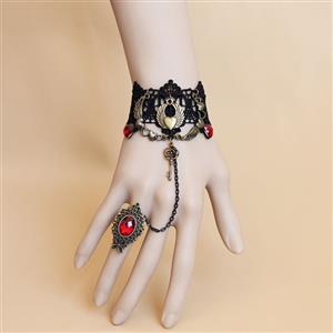 Gothic Bracelet, Gothic Heart Red Gem Bracelet, Cheap Wristband, Gothic Black Bracelet, Victorian Black Lace Bracelet, Retro Black Wristband, Bracelet with Ring, #J18165