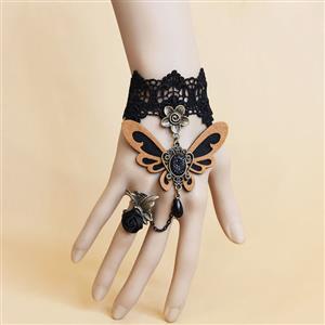 Gothic Bracelet, Gothic Orange Butterfly Bracelet, Cheap Wristband, Gothic Black Bracelet, Victorian Black Lace Bracelet, Retro Black Wristband, Bracelet with Ring, #J18127