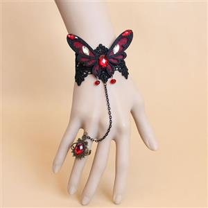 Vintage Bracelet, Gothic Bracelet, Black Lace Bracelet, Cheap Wristband, Victorian Bracelet, Gothic Red Butterfly Bracelet, Bracelet with Ring, #J17780