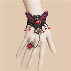 Gothic Bracelet, Gothic Red Butterfly Bracelet, Cheap Wristband, Gothic Black Bracelet, Victorian Black Lace Bracelet, Retro Black Wristband, Bracelet with Ring, #J18161