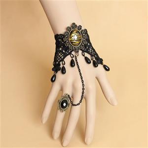Gothic Bracelet, Gothic Tigrine Time Gem Bracelet, Cheap Wristband, Gothic Black Bracelet, Victorian Black Lace Bracelet, Retro Black Wristband, Bracelet with Ring, #J18128