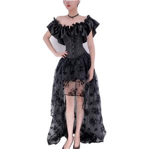 Sexy Gothic Off-shoulder Strapless Overbust Corset Dress, Burlesque Overbust Corset with Tutu Skirt, Cheap Outerwear Corset Dress, Retro Overbust Corset Dress, Sexy Corset with Petticoat, Vintage Floral Print Overbust Corset #N22350