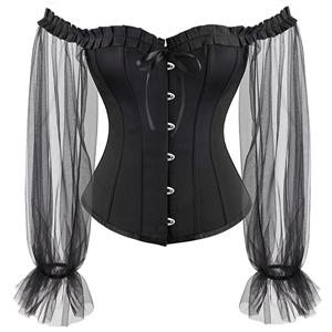 Gothic Plastic Boned Ruffled Off-shoulder See-through Sleeves Body Shaper Overbust Corset N21769