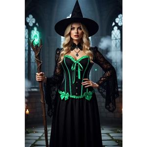 gothic corset, black bustier, neon green trim, vintage corset, lace-up corset, Victorian style, waist training, costume corset, boned bustier, steampunk clothing, renaissance fair, gothic lingerie, satin ruffles, dramatic corset, corset top #N23808