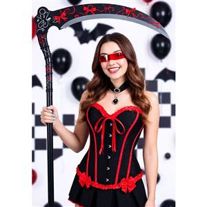 gothic corset, Victorian bustier, black corset top, red lace trim, sweetheart neckline, metallic buckles, vintage corset, waist training, steampunk costume, gothic lingerie, red satin bow, adjustable bustier, dramatic corset, costume party outfit, retro pin-up corset #N23810