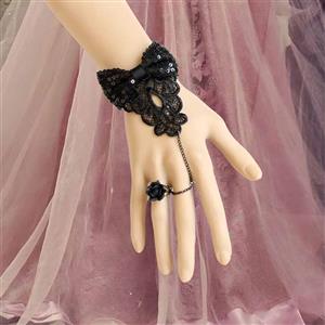 Vintage  Bracelet, Gothic Sequin Bowknot Bracelet, Cheap Wristband, Gothic Black Bracelet, Victorian Black Lace Bracelet, Retro Black Wristband, Bracelet with Ring, #J18099