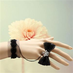 Gothic Bracelet, Gothic Black Bowknot Bracelet, Cheap Wristband, Gothic Black Bracelet, Victorian Black Lace Bracelet, Retro Black Wristband, Bracelet with Ring, #J18088
