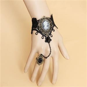 Gothic Bracelet, Gothic Embossment Bracelet, Cheap Wristband, Gothic Black Bracelet, Victorian Black Lace Bracelet, Retro Black Wristband, Bracelet with Ring, #J18087
