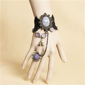 Gothic Bracelet, Gothic Raised Rose  Bracelet, Cheap Wristband, Gothic Black Bracelet, Victorian Black Lace Bracelet, Retro Black Wristband, Bracelet with Ring, #J18072