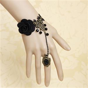 Vintage Lace Bracelet, Gothic Black Rose Bracelet, Cheap Wristband, Gothic Black Lace Bracelet, Victorian Black Lace Bracelet, Retro Black Lace Wristband, Lace Bracelet with Ring, #J18063