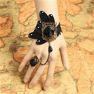 Vintage Bracelet, Gothic Rose Bracelet, Cheap Wristband, Gothic Black Bracelet, Victorian Bracelet, Retro Black Wristband, Bracelet with Ring, #J18069