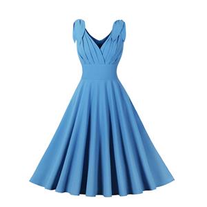 Sleeveless V Neck Party Dress,Vintage Party Dress,Vintage Sleeveless Swing Dresses,A-line Cocktail Party Swing Dresses,Retro Blue Dress,Elegant Lace-Up Dress,Retro Sleeveless Blue Lace-Up Dress #22469