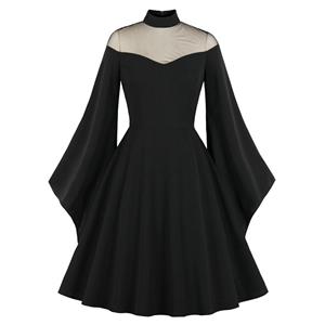 Noble Evil Vampire Queen Halloween Cosplay Party Dress, Vintage Party Dress, Vintage Flare Sleeve Swing Dresses, A-line Cocktail Party Swing Dresses, Retro Black A-line Dress, Plus Size Midi Dress, #N21491
