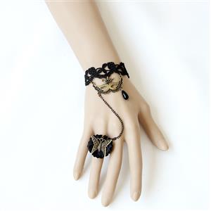 Vintage Lace Bracelet, Gothic Rose Bracelet, Cheap Wristband, Gothic Black Lace Bracelet, Victorian Floral Lace Bracelet, Retro Black Floral Lace Wristband, Bracelet with Ring, #J18115